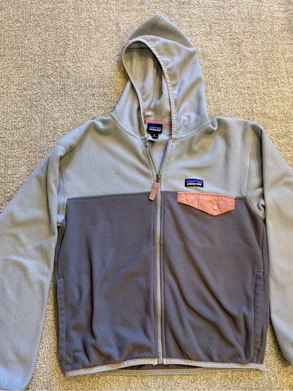 Patagonia Girls Micro D Snap-T Hooded Fleece Jacket Gray Pink Size M 10